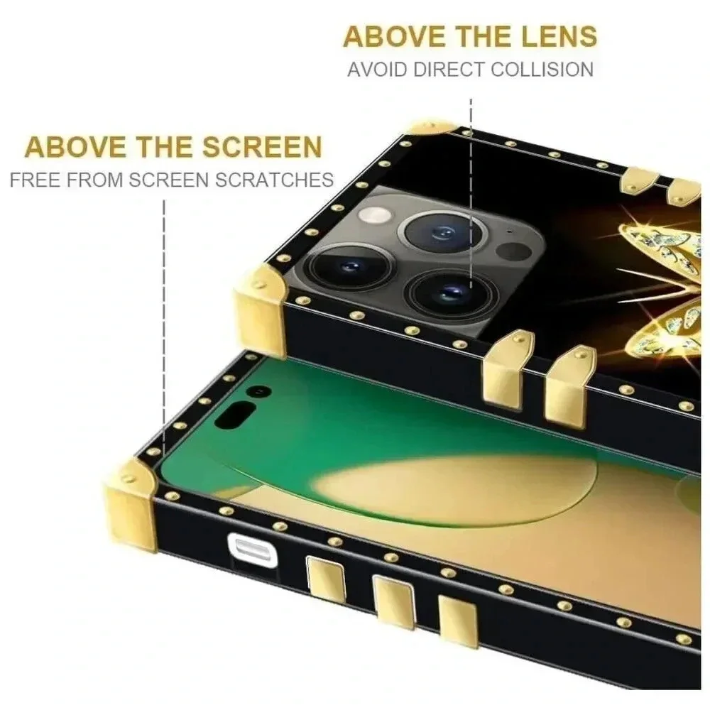 Case Compatible with iPhone 15 Pro Max B Golden Butterfly Princess Square Luxury